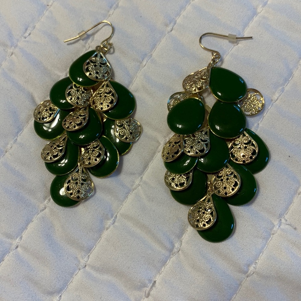 Green statement earrings. EUC